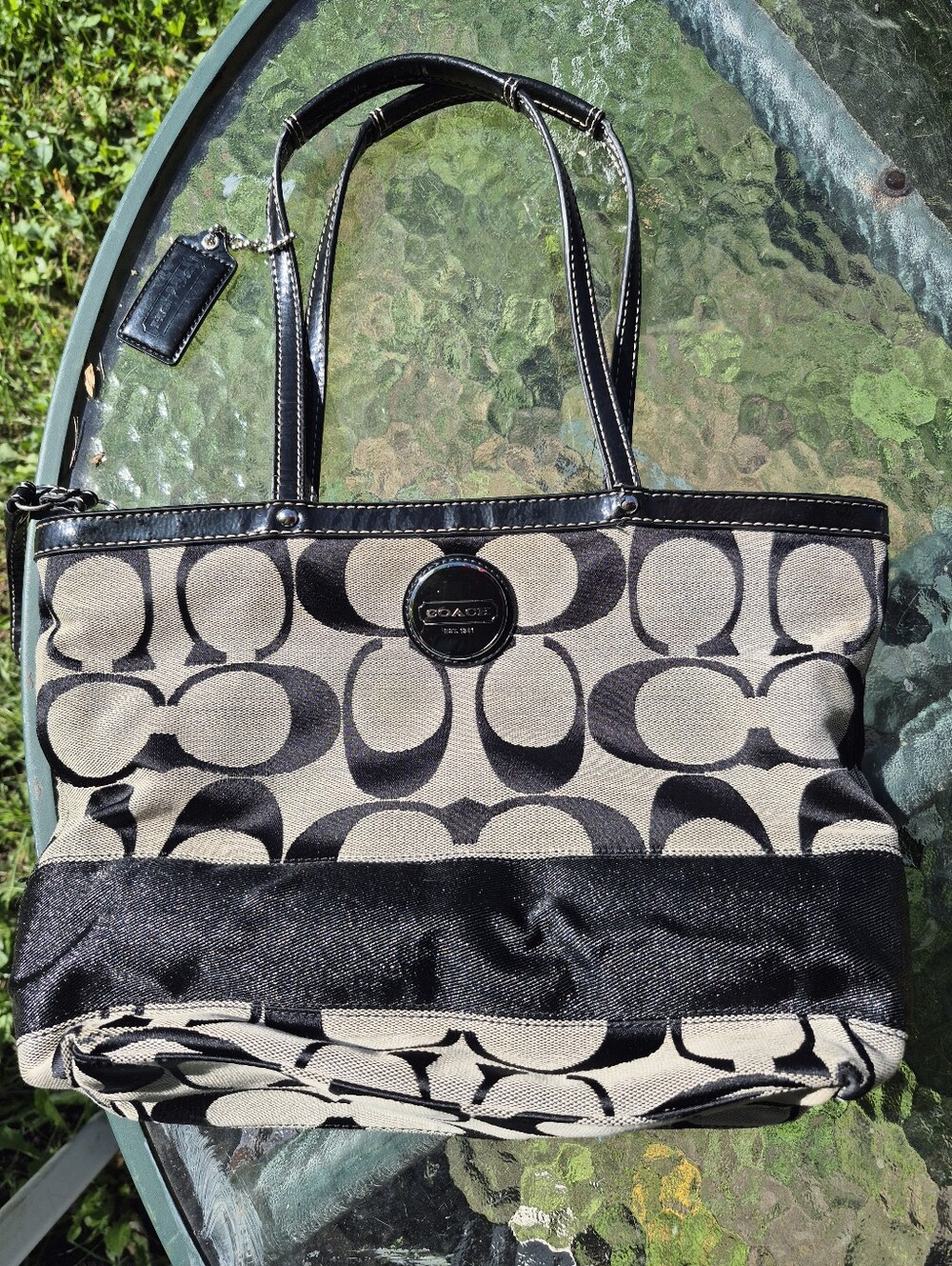 Coach Canvas Tote in Black and Beige Signature Print
